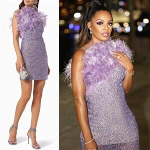 Bronx & Banco‎ Lulu Mini Dress Lilac Feather Sequin One‑Shoulder Size L/ US 8